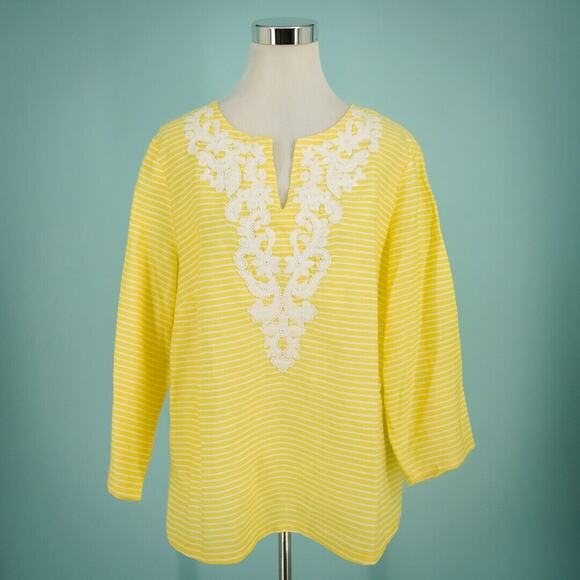Talbots Size XL Yellow Embroidered Bead Split V Neck Long Sleeve Boxy Linen Top - Picture 1 of 6